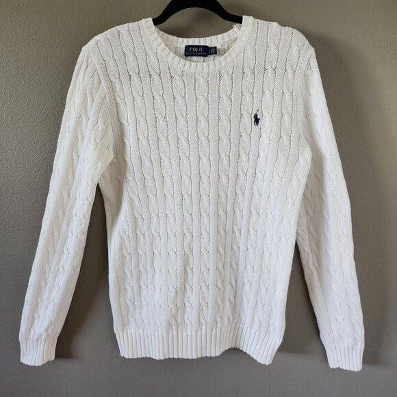 Polo Ralph Lauren White Cable Knit Sweater, Lg, Crew Neck, 100% Cotton, Preppy - Picture 1 of 8
